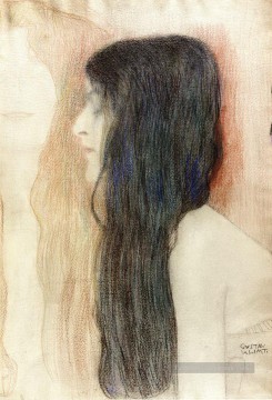 Gustave Klimt œuvres - Fille aux cheveux longs avec un croquis pour Nu Veritas Gustav Klimt